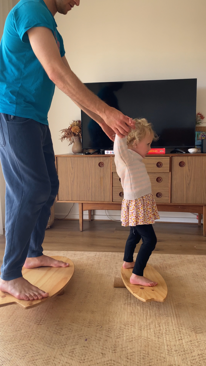 Mini cork roller and large cork roller for the surf balance boards by Coastal Tribe. The Shredder (narrow) board on the right and the Moonah (wide board) on the left. THe perfect Christmas gift for active families