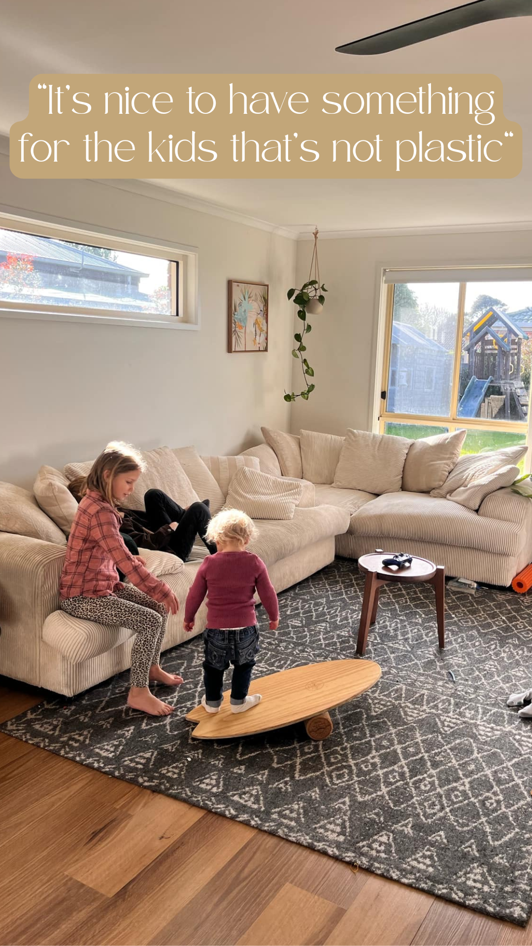 surf parents and kids enjoying balance board at home