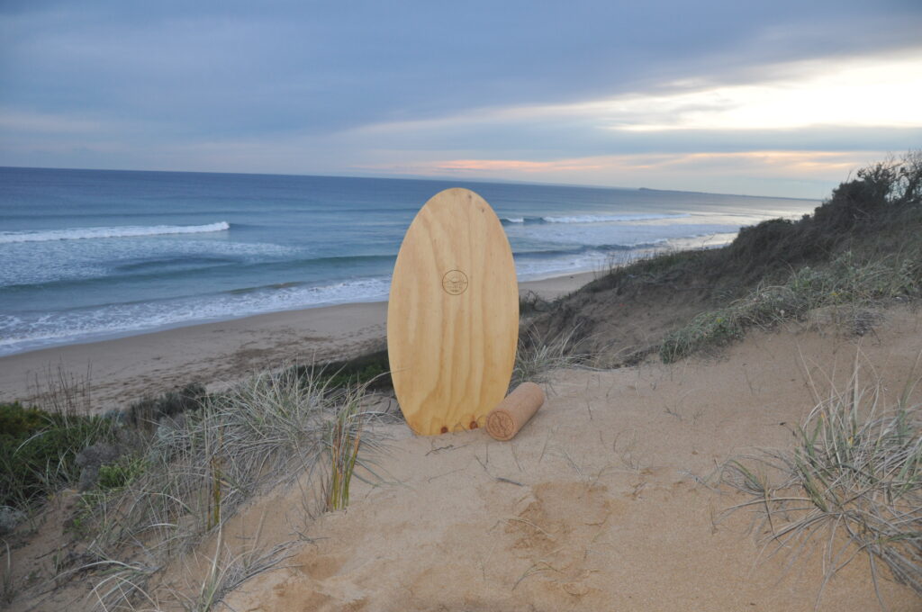Wooden surf balance boards at home with kids and parents