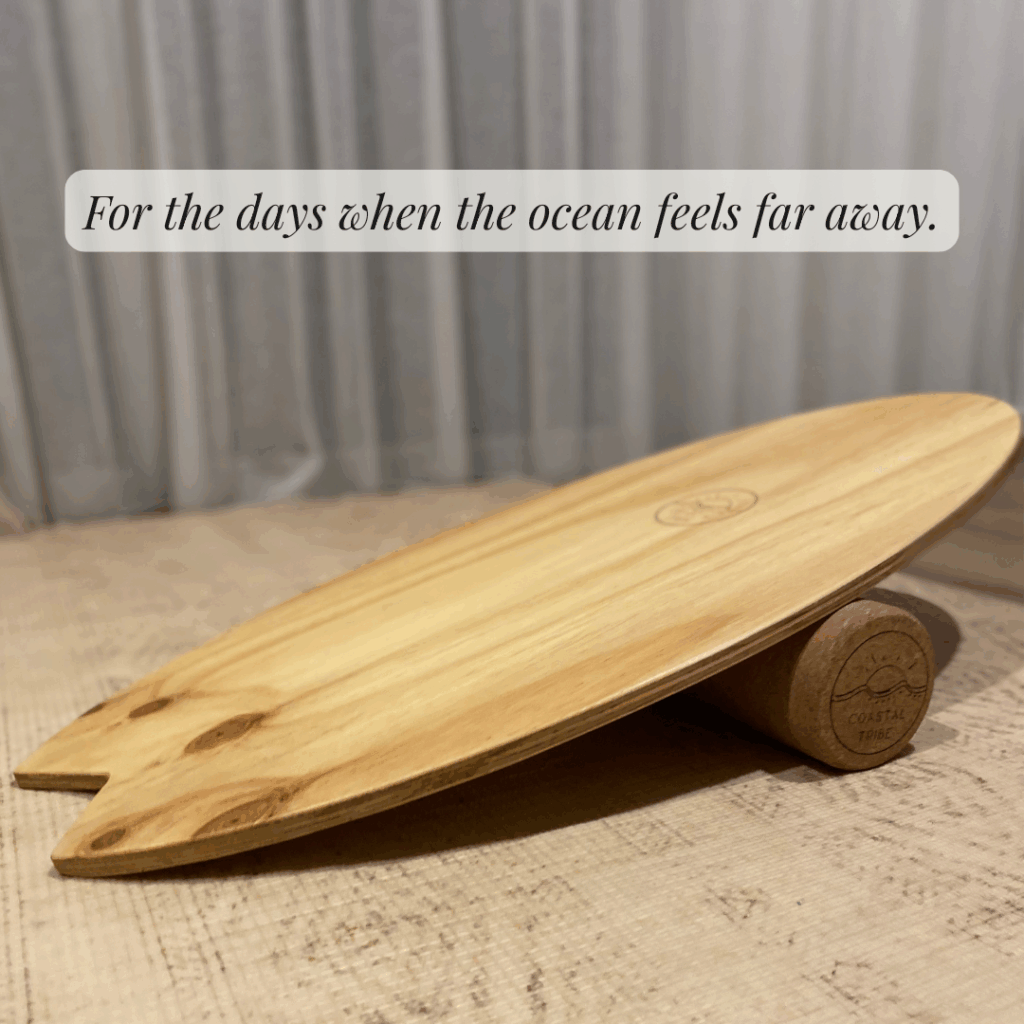 Coastal Tribe Wooden Surf Balance Board in the living room