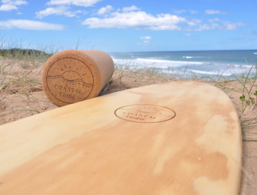 Coastal Tribe surf balance board in the dunes at the beach with waves in the background