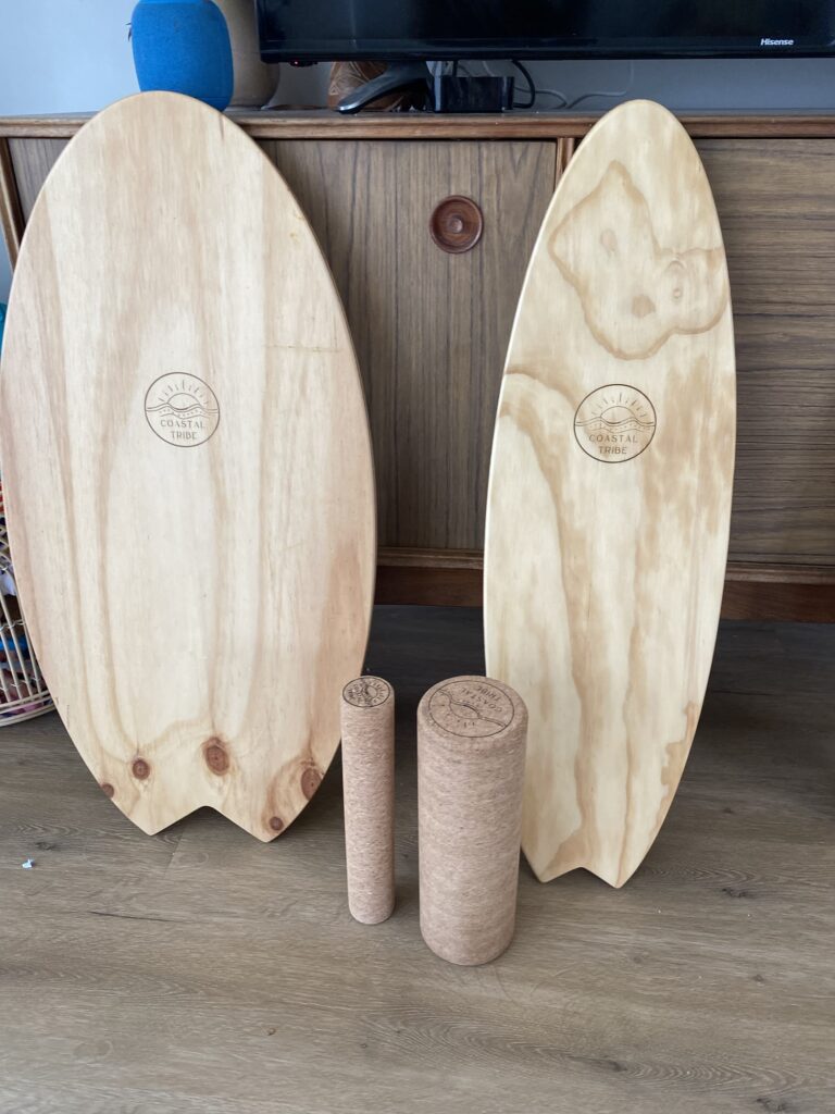 surf balance board training at home on wooden board